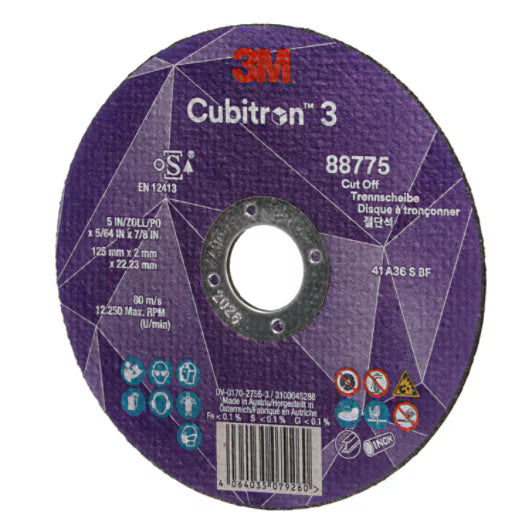 3M™ Cubitron™ 3 Cut-off Wheel, 88775, 36+, T41, 125 mm x 2 mm x 22.23 mm, EN, 25/pack, 50 pcs/box
