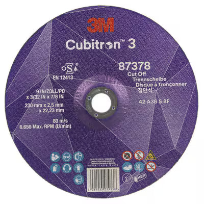 3M™ Cubitron™ 3 Cut-off Wheel, 87378, 36+, T42, 230 mm x 2.5 mm x 22.23 mm, EN, 25/pack, 50 pcs/box