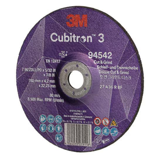 3M™ Cubitron™ 3 Cut &amp; Grind Disc, 94542, 36+, T27, 180 mm x 4.2 mm x 22.23 mm, EN, 10/pack, 20 pcs/box