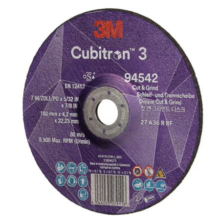 3M™ Cubitron™ 3 Cut &amp; Grind Disc, 94542, 36+, T27, 180 mm x 4.2 mm x 22.23 mm, EN, 10/pack, 20 pcs/box