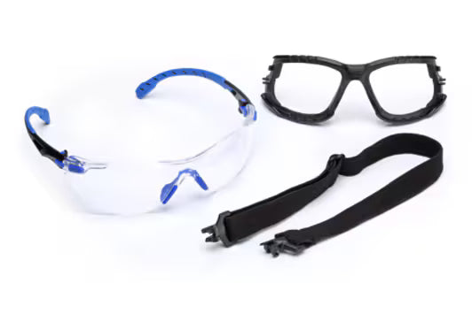 3M™ Solus™ 1000 Safety Glasses, blue/black frame, Scotchgard™ anti-fog and anti-scratch coating (K&amp;N), clear lenses, foam padding and strap, S1101SGAFKT-EU, 20/box