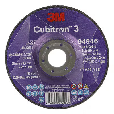 3M™ Cubitron™ 3 Cut &amp; Grind Disc, 94946, 36+, T27, 125 mm x 4.2 mm x 22.23 mm, EN, 10/pack, 20 pcs/box