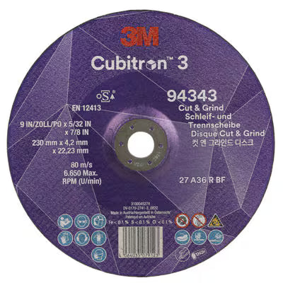 3M™ Cubitron™ 3 Cut &amp; Grind Disc, 94343, 36+, T27, 230 mm x 4.2 mm x 22.23 mm, EN, 10/pack, 20 pcs/box