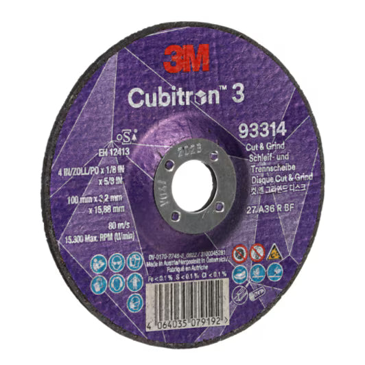3M™ Cubitron™ 3 Cut &amp; Grind Disc, 93314, 36+, T27, 100 mm x 3.2 mm x 15.88 mm, EN, 10/pack, 20 ...
