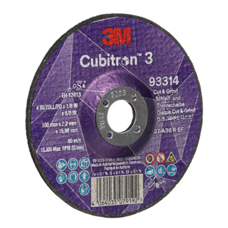 3M™ Cubitron™ 3 Cut &amp; Grind Disc, 93314, 36+, T27, 100 mm x 3.2 mm x 15.88 mm, EN, 10/pack, 20 ...