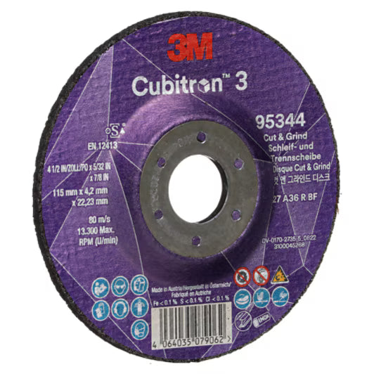 3M™ Cubitron™ 3 Cut &amp; Grind Disc, 95344, 36+, T27, 115 mm x 4.2 mm x 22.23 mm, EN, 10/pack, 20 pcs/box