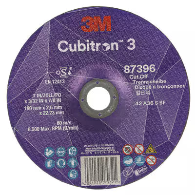 3M™ Cubitron™ 3 Cut-off Wheel, 87396, 36+, T42, 180 mm x 2.5 mm x 22.23 mm, EN, 25/pack, 50 pcs/box