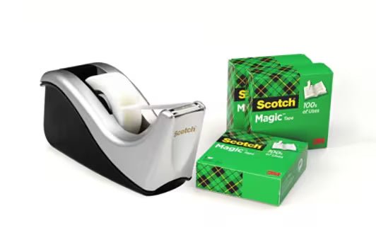 Scotch™ Plakbandhouder C60, zilver + Scotch® Magic™ onzichtbare tape, 19 mm x 33 m, 4 rollen/verpakking