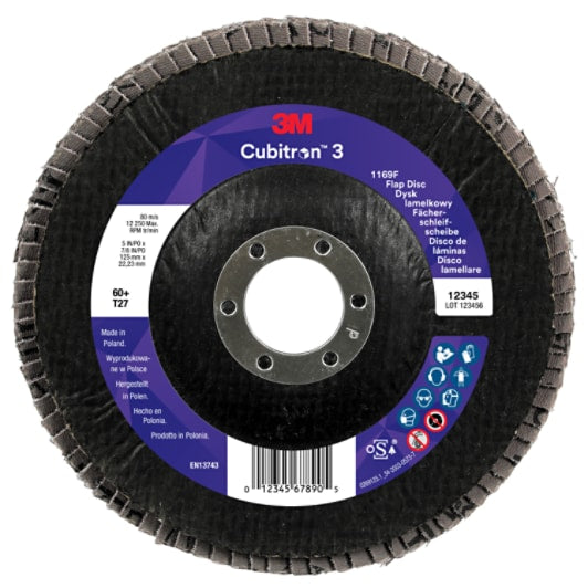 3M™ Cubitron™ 3 Lamellenschijf 1169F, 60+, T27 plat, 125 mm x 22,23 mm, 10/verpakking, 100 stuks/doos