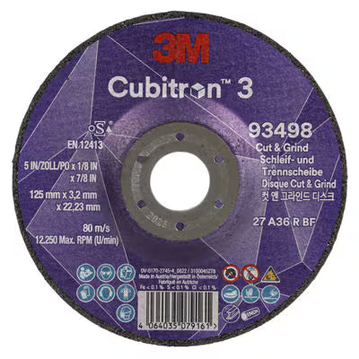 3M™ Cubitron™ 3 Cut &amp; Grind Disc, 93498, 36+, T27, 125 mm x 3.2 mm x 22.23 mm, EN, 10/pack, 20 pcs/box