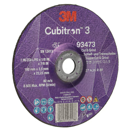 3M™ Cubitron™ 3 Cut & Grind-schijf, 93473, 36+, T27, 180 mm x 3,7 mm x 22,23 mm, EN, 10/verpakking, 20 stuks/doos