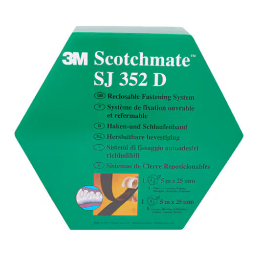 3M™ Reclosable Hook and Loop Fastener SJ352D, Black, 25 mm x 5 m, 4.4 mm, Dispenser Box