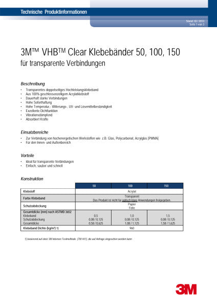 3M™ VHB™ Tape 50F, Clear, 1200 mm x 66 m