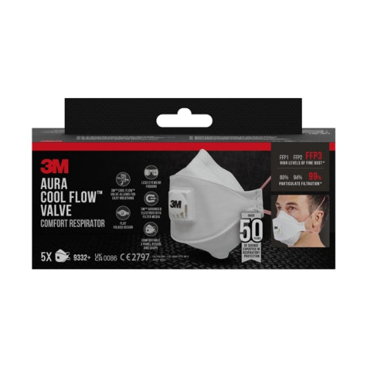 3M™ Aura™ Comfort Cool Flow™ Dust Mask 9332+, FFP3, with valve, 5/pack