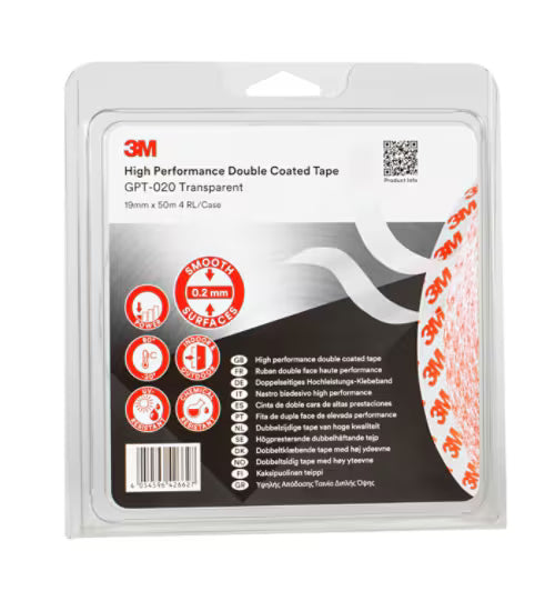 3M™ Double-Sided Tape GPT-020, Transparent, 19 mm x 50 m, 0.2 mm