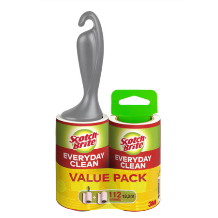 Scotch-Brite™ Everyday Clean pluizenkleefroller voor dagelijks gebruik + pluizenkleefroller voor dagelijks gebruik navulling, 56 vellen per stuk, 1/Verpakking