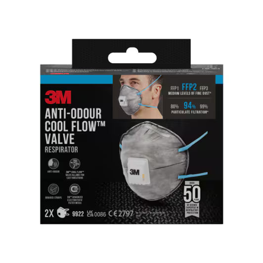 3M™ Cool Flow™ Odor-Filtering Dust Mask 9922, FFP2, with valve, 2/pack