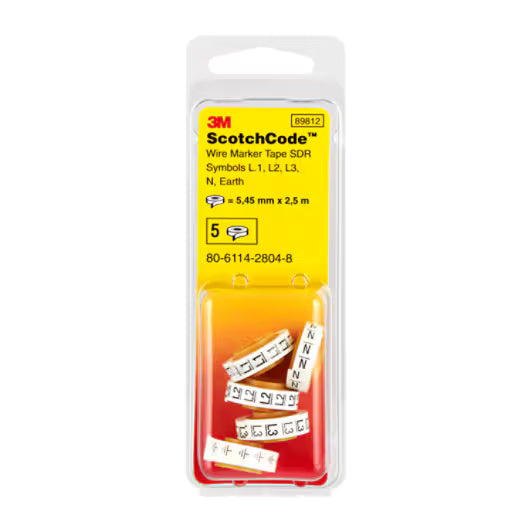 3M™ ScotchCode™ SDR-SYM Kabelmarkering Navulrollen, Symbolen "L1", "L2", "L3", "N", "GROUND", 5x Blisterverpakking