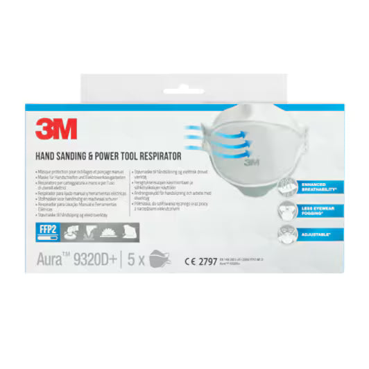 3M™ 9320+ Aura™ Wegwerpstofmaskers, FFP2, zonder ventiel, 5/verpakking