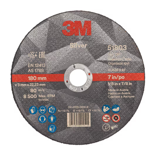 3M™ Silver Cut-Off Wheel, T41, 180 mm x 3 mm x 22.23 mm
