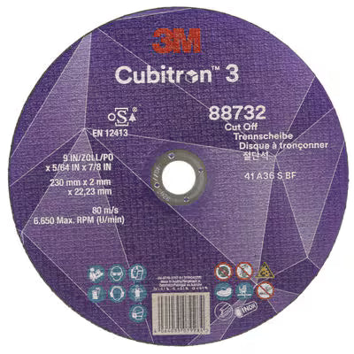 3M™ Cubitron™ 3 Cut-off Wheel, 88732, 36+, T41, 230 mm x 2 mm x 22.23 mm, EN, 25/pack, 50 pcs/box