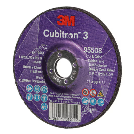 3M™ Cubitron™ 3 Cut &amp; Grind Disc, 95508, 36+, T27, 100 mm x 4.2 mm x 15.88 mm, EN, 10/pack, 20 pcs/box