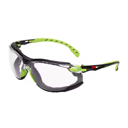 3M™ Solus™ 1000 Safety Glasses, green/black frame, Scotchgard™ anti-fog and anti-scratch coating (K&amp;N), clear lenses, foam padding and strap, S1201SGAFKT-EU, 20/box