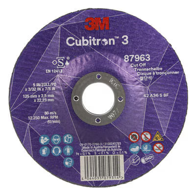 3M™ Cubitron™ 3 Cut-off Wheel, 87963, 36+, T42, 125 mm x 2.5 mm x 22.23 mm, EN, 25/pack, 50 pcs/box