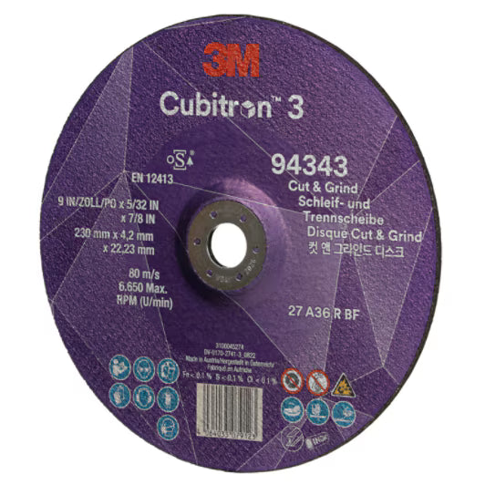 3M™ Cubitron™ 3 Cut &amp; Grind Disc, 94343, 36+, T27, 230 mm x 4.2 mm x 22.23 mm, EN, 10/pack, 20 pcs/box