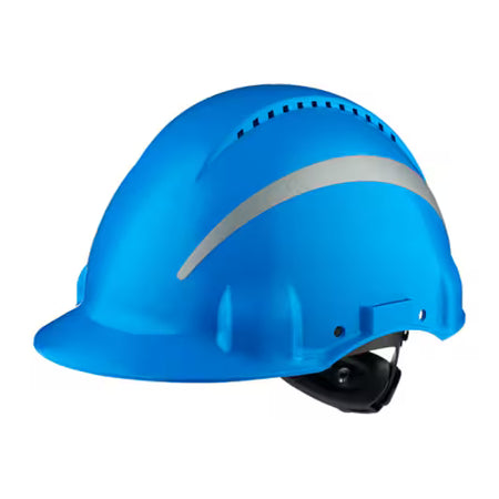 3M™ Safety Helmet, Uvicator, ratchet adjustment, ventilation, reflective, plastic sweatband, blue, G3000NUV-R-BB
