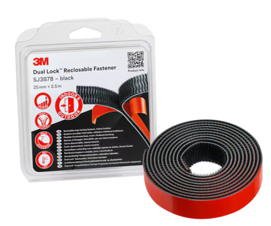 3M™ Dual Lock™ Hersluitbaar Klikband SJ387B, Zwart, 19 mm x 2.5 m, 6.1 mm, 40 kopjes/cm², Blister