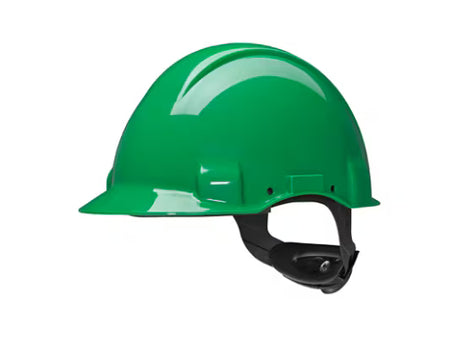 3M™ Safety Helmet, Uvicator, ratchet adjustment, unventilated, 440v, plastic sweatband, green, G3001NUV-GP