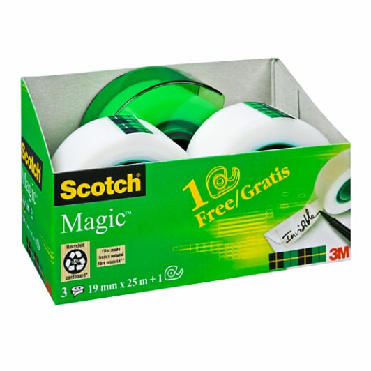 Scotch® Magic™ Invisible Tape, 3 rolls, 19 mm x 25 m + 1 free tape dispenser