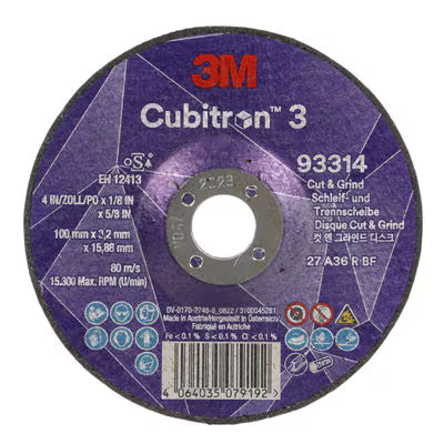 3M™ Cubitron™ 3 Cut &amp; Grind Disc, 93314, 36+, T27, 100 mm x 3.2 mm x 15.88 mm, EN, 10/pack, 20 ...