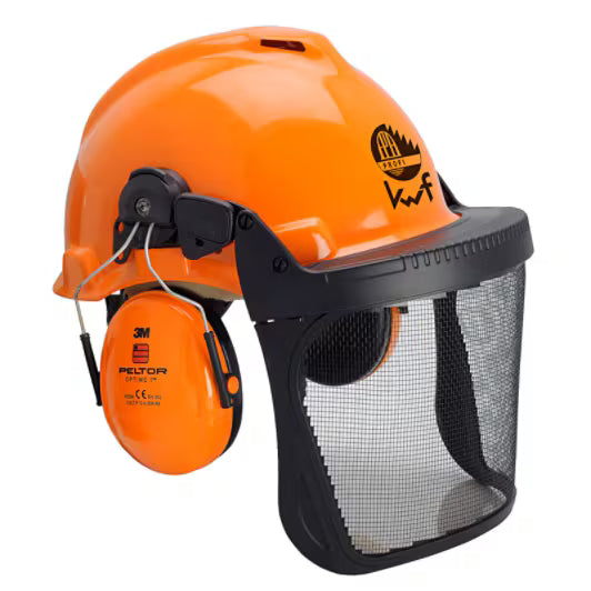 3M™ Bosbouwcombinatie, FPA, G3000 oranje veiligheidshelm, H31 gehoorkappen, FH1 houder en 5B gaas gelaatsscherm, G3000MOR31FH15B