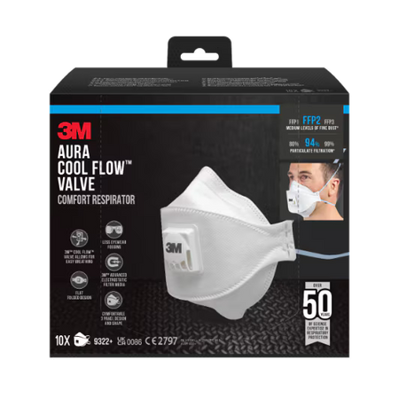3M™ Aura™ Comfort Cool Flow™ Stofmasker 9322+, FFP2, met ventiel, 10/verpakking