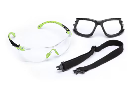 3M™ Solus™ 1000 Safety Glasses, green/black frame, Scotchgard™ anti-fog and anti-scratch coating (K&amp;N), clear lenses, foam padding and strap, S1201SGAFKT-EU, 20/box