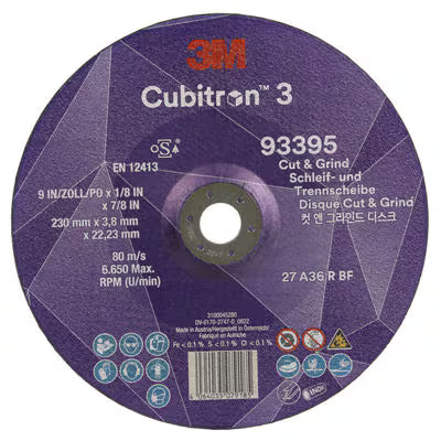 3M™ Cubitron™ 3 Cut &amp; Grind Disc, 93395, 36+, T27, 230 mm x 3.8 mm x 22.23 mm, EN, 10/pack, 20 pcs/box