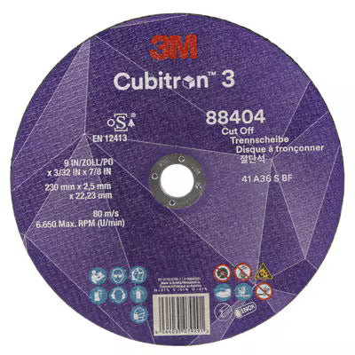 3M™ Cubitron™ 3 Cut-off Wheel, 88404, 36+, T41, 230 mm x 2.5 mm x 22.23 mm, EN, 25/pack, 50 pieces/box