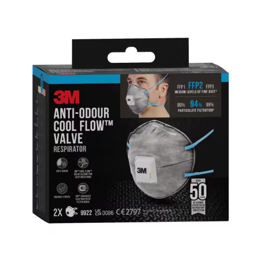 3M™ Cool Flow™ Odor-Filtering Dust Mask 9922, FFP2, with valve, 2/pack