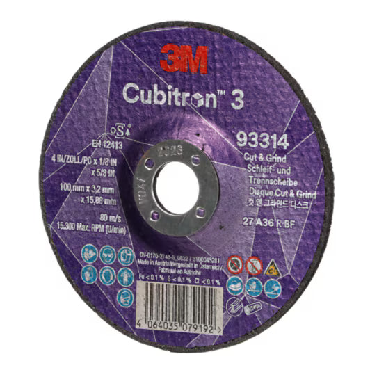 3M™ Cubitron™ 3 Cut &amp; Grind Disc, 93314, 36+, T27, 100 mm x 3.2 mm x 15.88 mm, EN, 10/pack, 20 ...