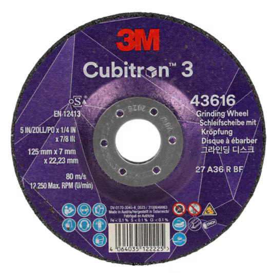 3M™ Cubitron™ 3 Grinding Disc with Reduced Arbor Hole, 43616, 36, T27, 125 mm x 7 mm x 22.23 mm, special for grooving EN, 10/pack, 20 pcs/box