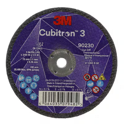 3M™ Cubitron™ 3 Cut-off Wheel, 90230, 60+, T41, 75 mm x 1 mm x 6.35 mm, EN, 25/pack, 50 pcs/box