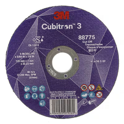 3M™ Cubitron™ 3 Cut-off Wheel, 88775, 36+, T41, 125 mm x 2 mm x 22.23 mm, EN, 25/pack, 50 pcs/box