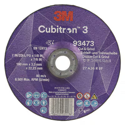 3M™ Cubitron™ 3 Cut &amp; Grind Disc, 93473, 36+, T27, 180 mm x 3.5 mm x 22.23 mm, EN, 10/pack, 20 pcs/box