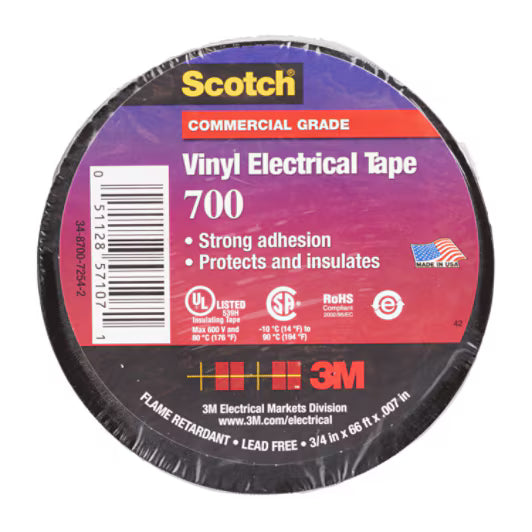 Scotch® 700 Vinyl Electrical Insulation Tape, Black, 19.1 mm x 20 m, 0.18 mm