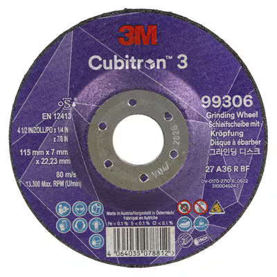 3M™ Cubitron™ 3 Grinding Disc with Reduced Arbor Hole, 99306, 36+, T27, 115 mm x 7 mm x 22.23 mm, EN, 10/pack, 20 pieces/box