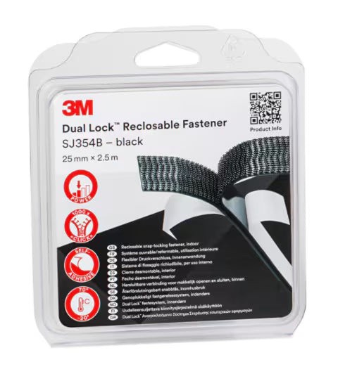 3M™ Dual Lock™ Reclosable Hook and Loop Fastener SJ3540, Black, 25 mm x 2.5 m, 5.7 mm, 40 hooks/cm², IPC